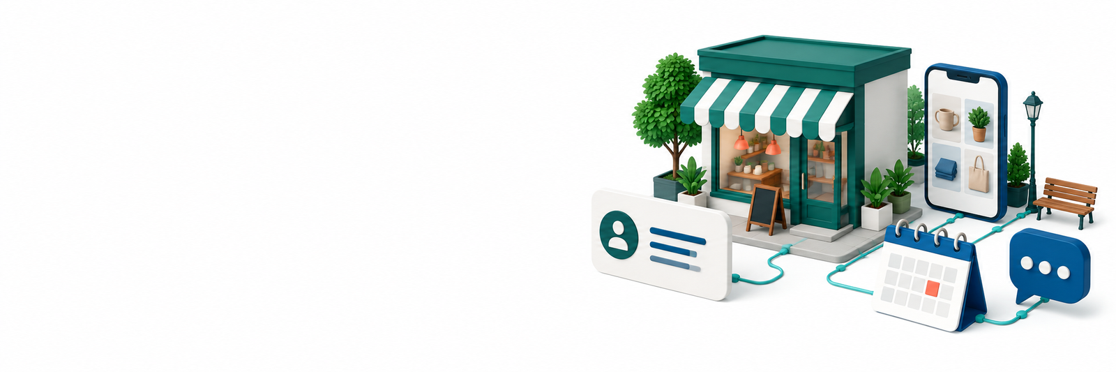 Illustration connecting a local business with a digital store, visiting card and marketing calendar